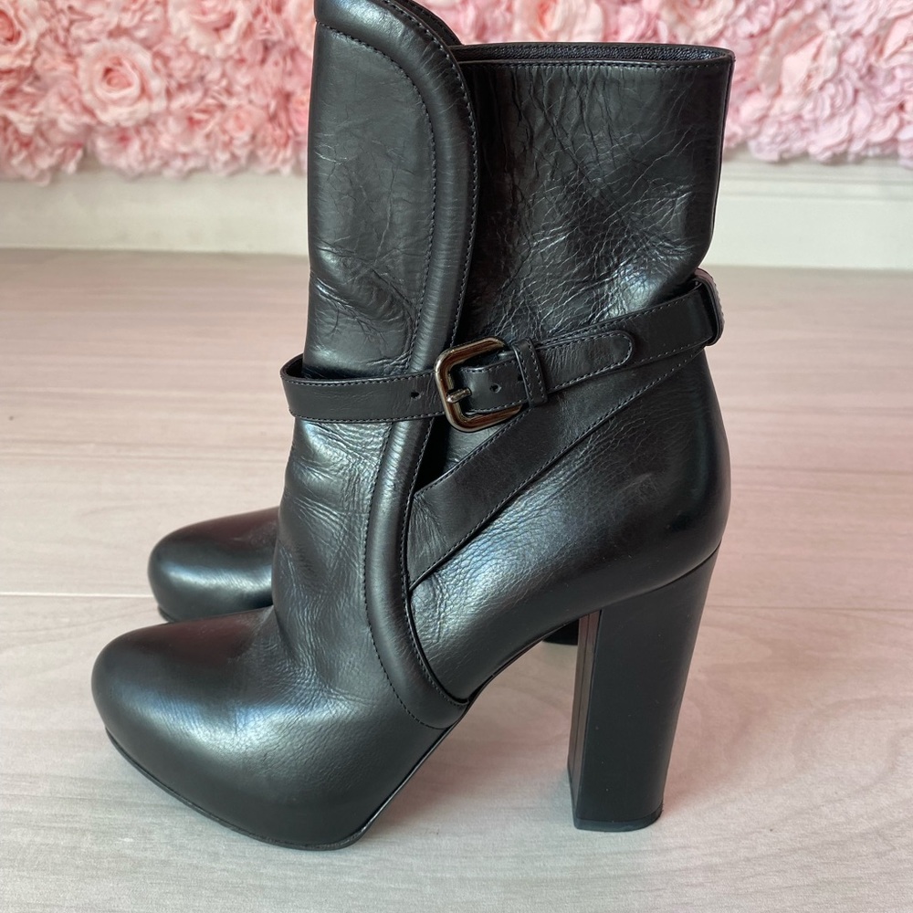 Prada black leather silver tone buckle platform block heel booties. Size 38.5